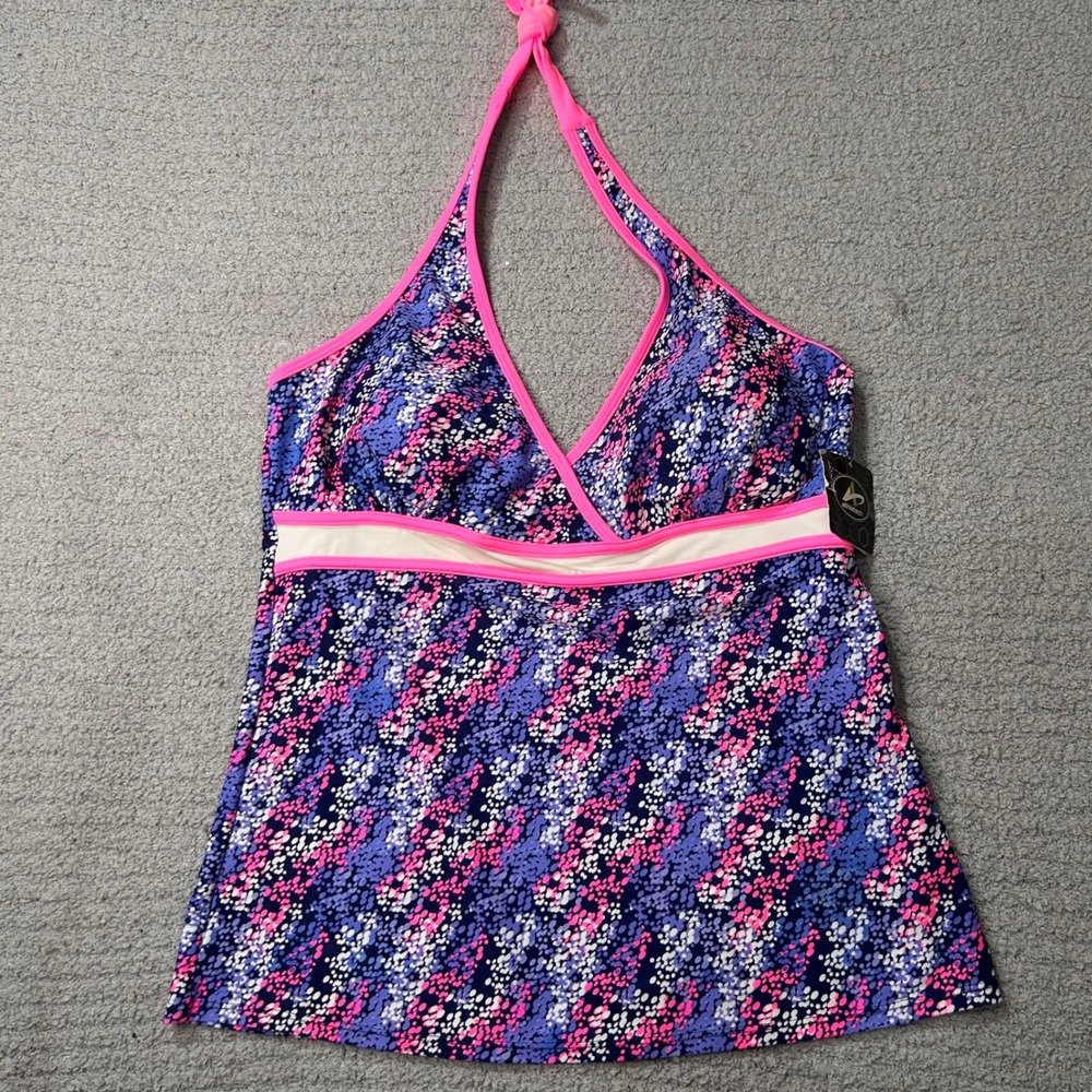 Athletech Tankini Top Halter Swim 18 Multi Pink Navy Abstract Beach Pool Summer
